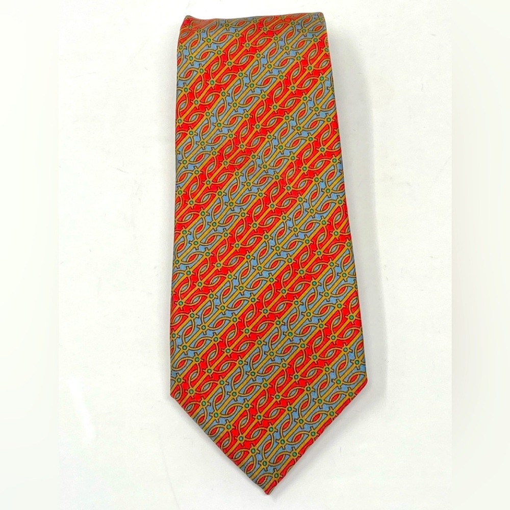 HERMÈS Paris 974 SA Red Blue Multi Geometric Stripe Print 100% Silk Tie Necktie